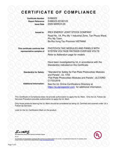 UL 1703 & ULC-ORD-C1703 - IREX